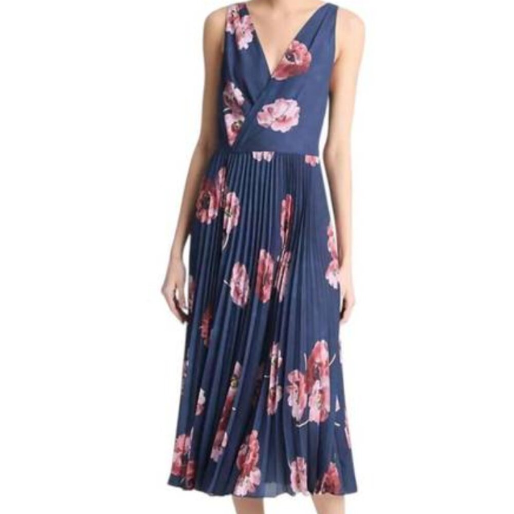 Vince Painted Poppy Pleated V Neck Midi Dress 8 in Marine Night NWT $545